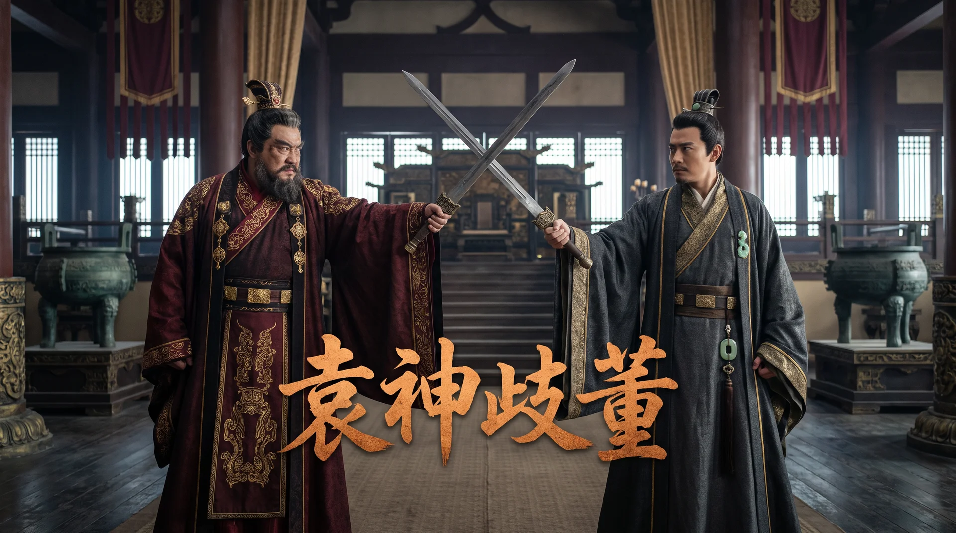 董卓与袁绍在嘉德殿持剑对峙的主视觉海报