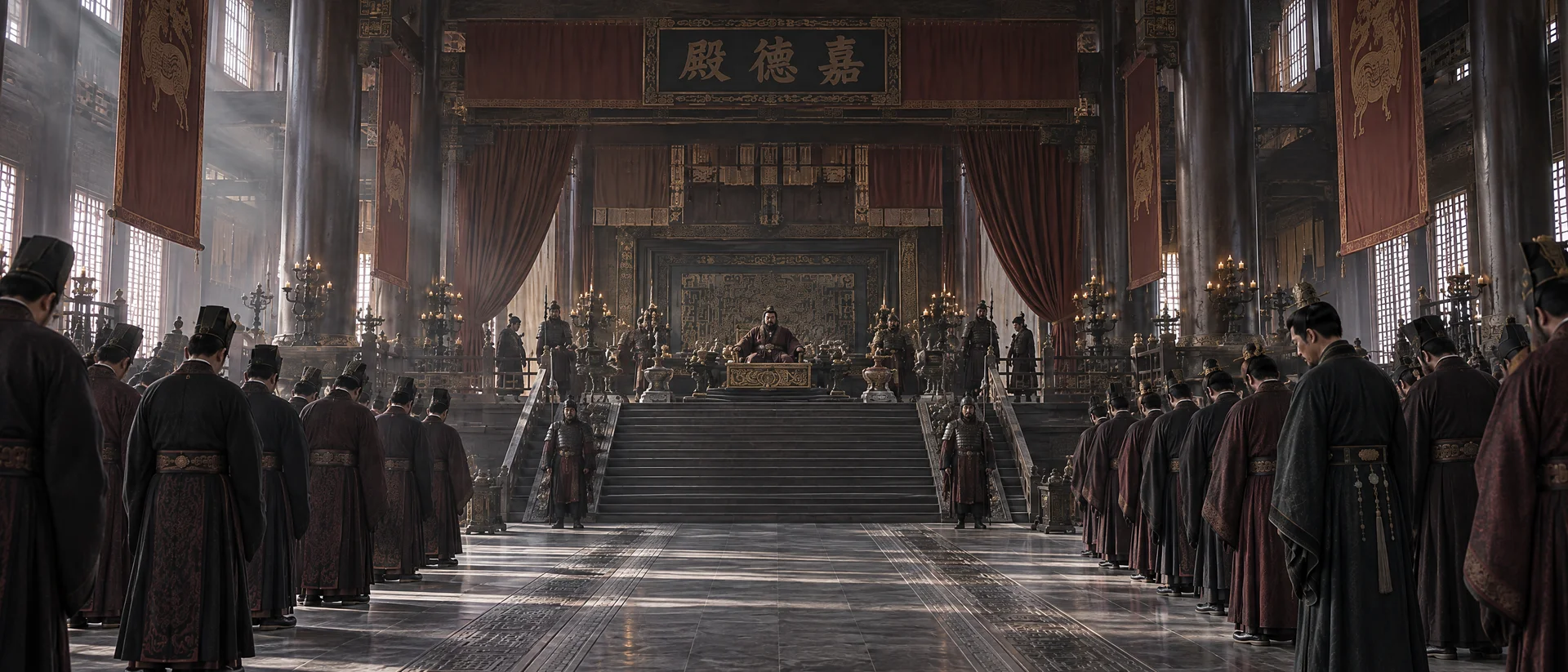 分镜 1：嘉德殿全景，董卓高处居中，百官分列两侧